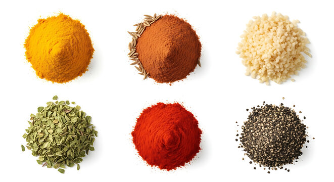 Variety of spices overhead view of colorful powders on a display