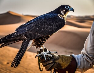 Majestic Arabian Falcon Perched on Handler's Glove in Desert Dunes