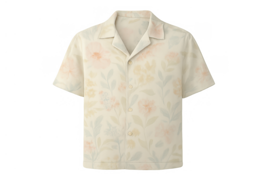 Casual short-sleeve button-up shirt featuring pastel floral print for vacation fashion and spring-summer style