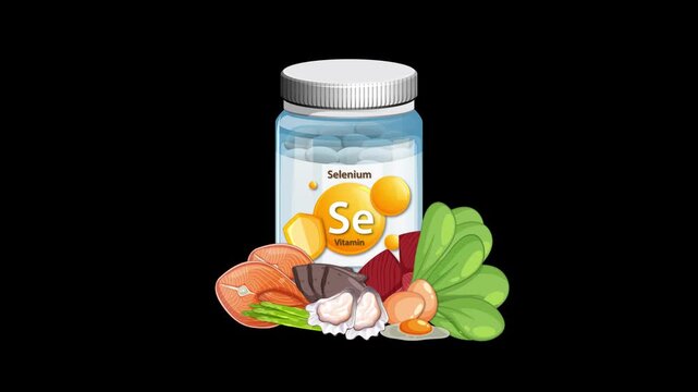 Selenium Supplement Bottle Animation with Healthy Food Ingredients