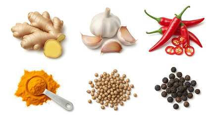 Culinary spices ginger garlic chili peppers turmeric coriander pepper