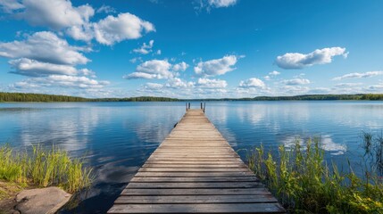 Fototapeta premium A tranquil lake scene features a long wooden dock extending into calm waters. Lush greenery surrounds the area, and fluffy clouds drift across a bright blue sky.