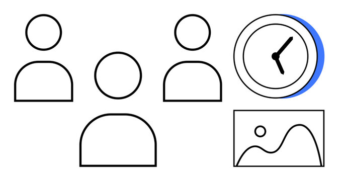 Outline-style figures symbolizing teamwork, a clock indicating time, and a framed landscape. Ideal for teamwork, time tracking, project planning, collaboration tools, time efficiency, organization