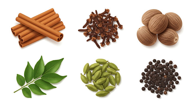 Variety of spices cinnamon sticks cloves nutmeg leaves cardamom pepper