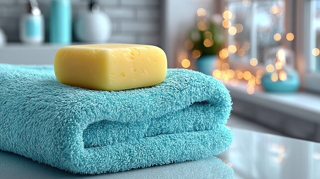 Close-up organic soap on twin turquoise towels, white-ceramic counter with soft-focus bath products&mdash;e-commerce hero, brand banner or social hero ready