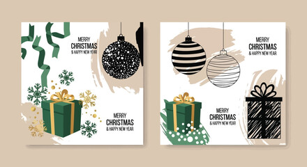 Festive Christmas and New Year's Greeting Cards with Gift Boxes, Baubles, and Decorations