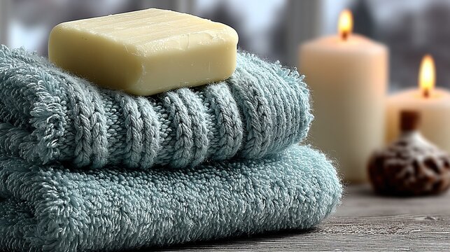 Window-lit white vanity scene, organic soap & twin aqua towels at center-plane—wellness ad, app splash or pack insert one-click