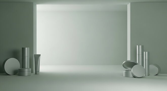 Elegant monochrome cosmetic product display in minimalist space