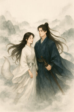 A tranquil illustration of a man with a sword and a woman with a fox tail, standing amidst misty clouds in traditional attire.