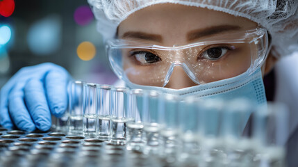 Asian female scientist wearing protective mask, goggles, and gloves examines glass vials in laboratory, focused and precise work