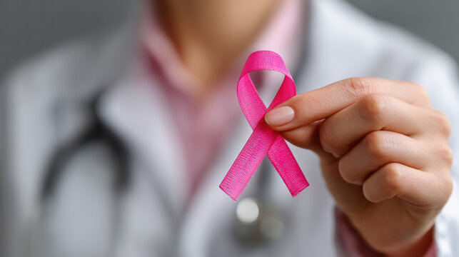 Female doctor holding pink cancer ribbon symbolizing breast cancer awareness, hope, and support in healthcare setting - Powered by Adobe