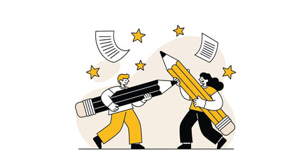 Teamwork and Writing Illustration of Two People Collaborating with Pencils and Paper