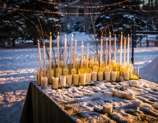 Beautifully Arranged Candles on Snowy Festival Altar at Winter Evening