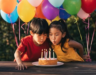 Celebrating Birthday with Children Blowing Out Candles and Balloons