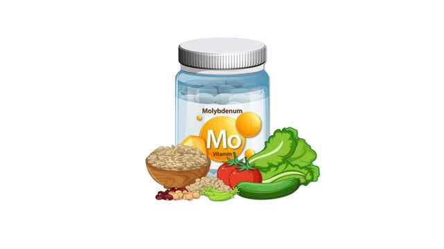 Molybdenum Supplement Bottle Surrounded by Healthy Food Animation