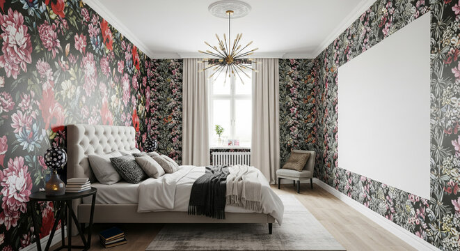 Floral maximalist bedroom with bold wallpaper and elegant decor