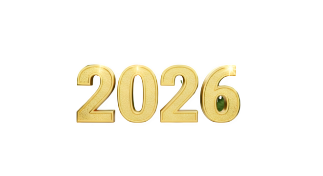 Golden glittering 2026 3d numbers with metallic texture and light reflections