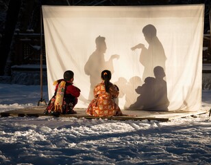 Children Watching Puppet Shadows on Winter Stage in High Quality