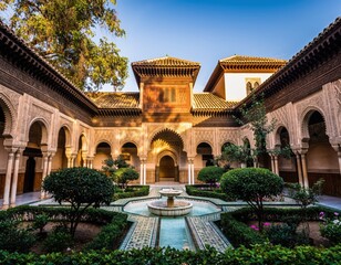 Beautiful Classic Arabic Courtyard Garden with Fountain at Dusk