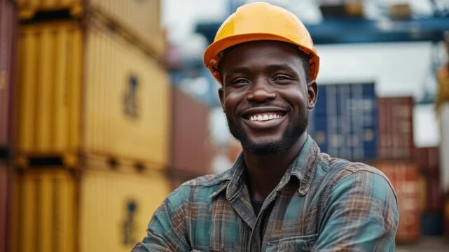 Smiling Worker: A dedicated worker, adorned with a hard hat, stands confidently amidst shipping containers, symbolizing diligence and proficiency in the logistics sector.