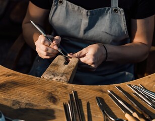 Artisan Crafting High Quality Jewelry in Close Up on Wooden Table