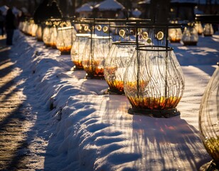 Decorative Snow Lanterns Glowing Along Festival Pathways at Night