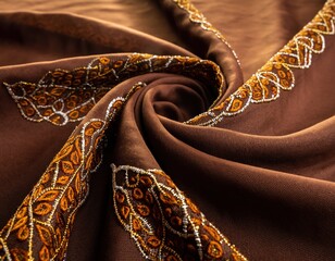 Close-Up of High-Quality Embroidered Abaya Fabric in Rich Brown Tones