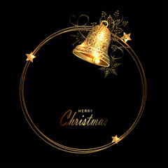 Merry Christmas. Isolated round frame with golden bell.