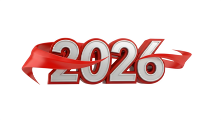 2026" 3d year number design with a vibrant red ribbon on white background.