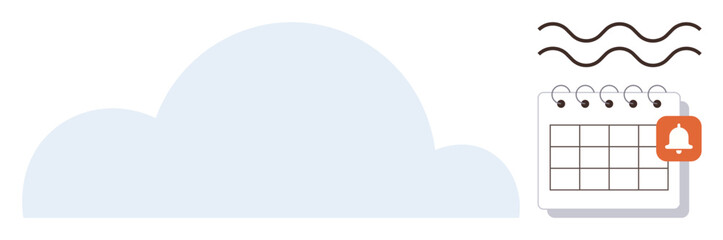 Cloud shape connected to wavy lines above a calendar marked with a notification bell. Ideal for scheduling, reminders, productivity, time management, organization, digital storage, simple flat