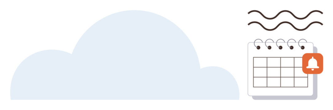 Cloud shape connected to wavy lines above a calendar marked with a notification bell. Ideal for scheduling, reminders, productivity, time management, organization, digital storage, simple flat