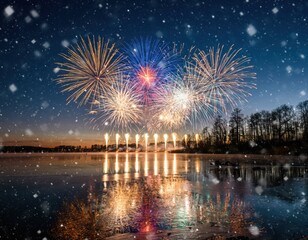Colorful Fireworks Display Over Frozen Lake at Winter Festival Evening