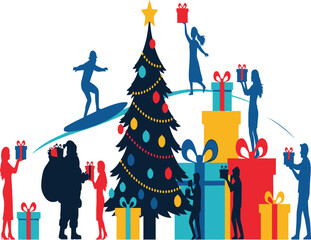 Festive christmas celebration with santa, gifts, and a decorated tree isolated on white background