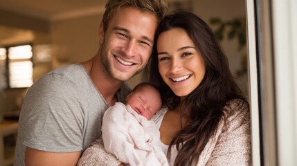 A young couple joyfully cradles their newborn baby in a warm and inviting home. They are beaming with happiness, creating a moment filled with love and tenderness.