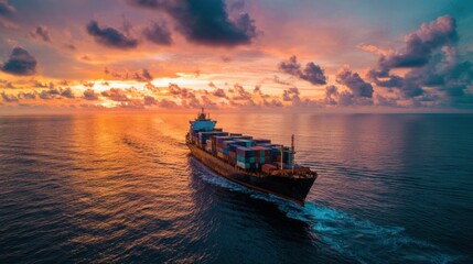 Obraz premium A large container ship sails across calm ocean waters during sunset. Bright clouds scatter the sky, reflecting orange and pink hues. The scene captures serene beauty and maritime activity.
