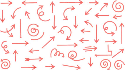 Red arrows crayon doodle chalk icons set. Hand drawn freehand different curved lines, swirls arrows. Direction pointers. Grunge scribble chalk marker drawing