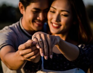 Joyful Couple Celebrating Engagement with Beautiful Ring Close Up