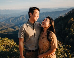 Couple Celebrating Weekend Getaway with Scenic Mountain Views