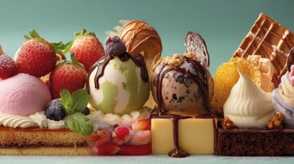 A vivid assortment of desserts showcases creamy ice creams, rich cakes, and fresh strawberries. The arrangement is appealing and colorful, creating a tempting display for dessert lovers.