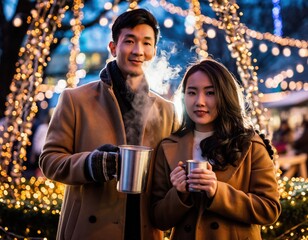 Romantic Couple Enjoying Hot Chocolate at Winter Festival with Lights