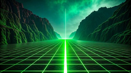 Futuristic digital landscape with glowing green laser grid and mountains
