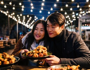 Romantic Couple Sharing Fried Snacks Under Twinkling Winter Lights