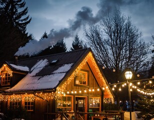 Cozy Winter Festival Cabin with Smoke from Chimney and Lights