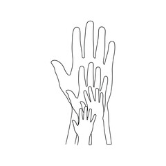 Fototapeta premium Abstract continuous line drawing of multiple hands of different sizes stacked together representing family unity and support