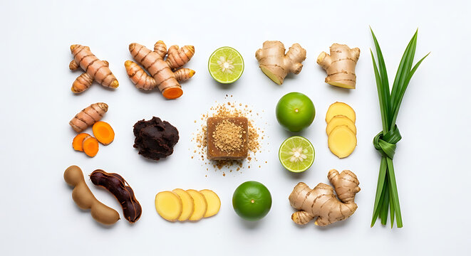 Arrangement of turmeric ginger lime and herbs on transparent background - Powered by Adobe