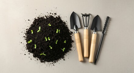 A pile of soil with seedlings and gardening tools on a neutral colored background top view