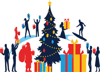 Festive christmas celebration with santa, gifts, tree, and surfing isolated on white background