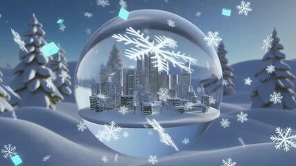 Holographic snow globe containing miniature futuristic snow-covered city, abstract digital winter landscape animation. - Powered by Adobe