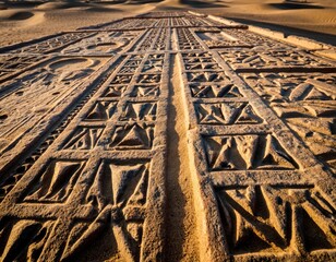 Intricate Egyptian Geometric Patterns on Sandstone in Desert Landscape