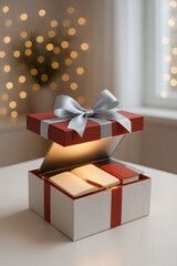 Elegant gift box with a silver ribbon, laptop, book, and pen, against a backdrop of soft, warm lights, ideal for inspiration and creativity.